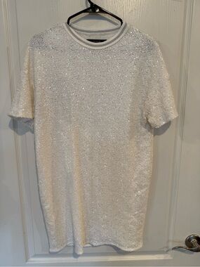 zara womens white sequin tee short sleeve t-shirt dress small Bride bachelorette